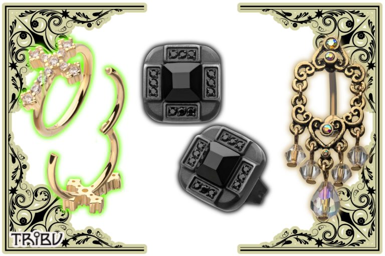 Decorative gold and black body jewelry collection display