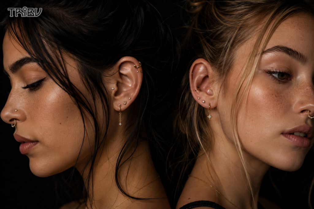Multiple ear piercing ideas with gold earrings