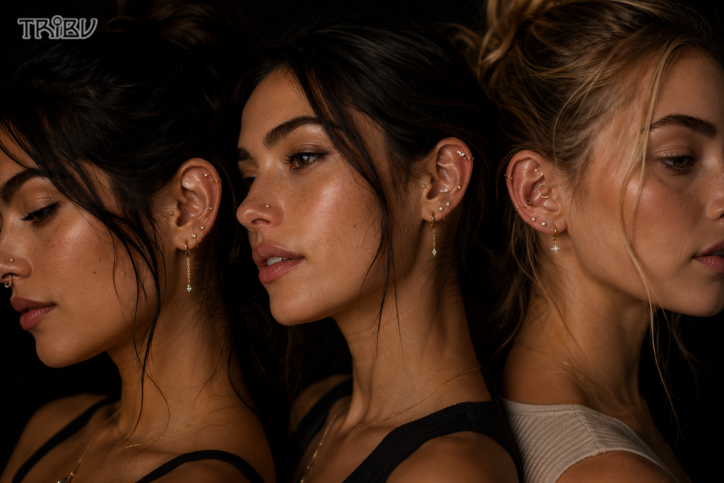 Modern ear stack styling with curated piercings