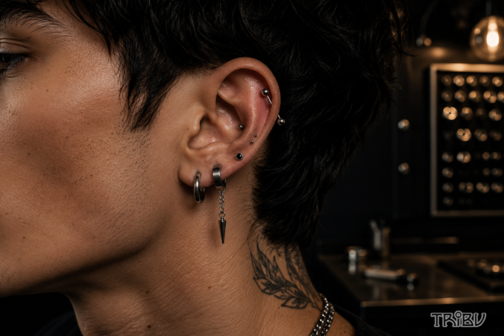 Close-up of men's ear with multiple cartilage piercings