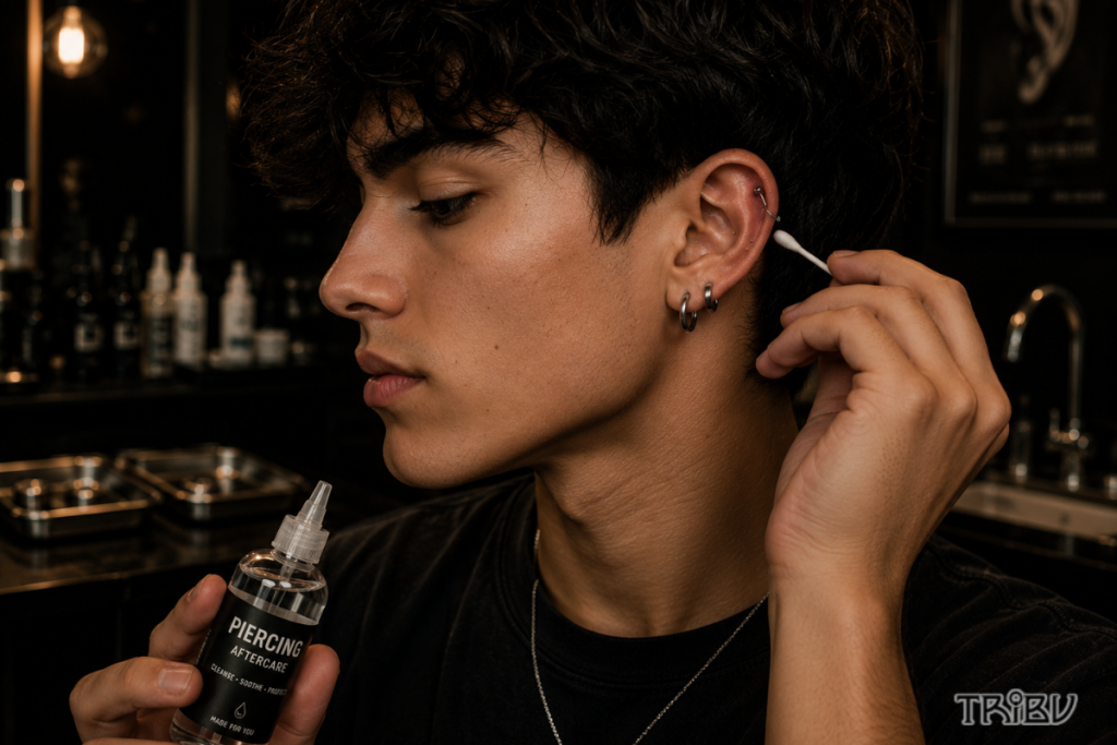 Cleaning a new cartilage piercing with aftercare solution