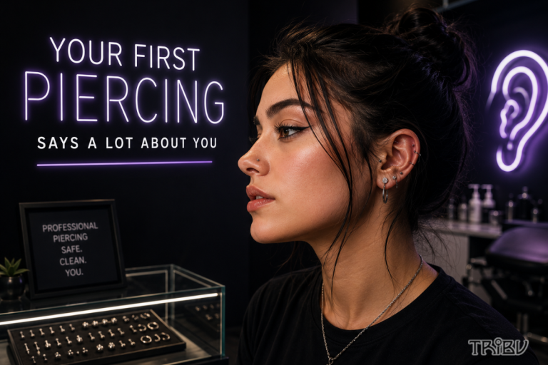 Person with first ear piercings inside professional studio