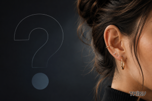 Woman with multiple ear piercings and question mark